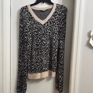 LOFT Black and Cream V-Neck Sweater with Animal Print